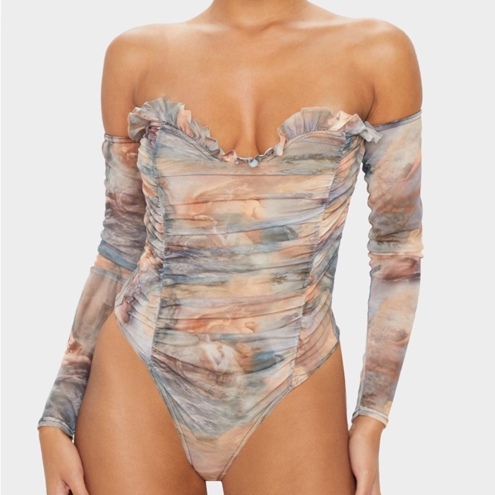 PrettyLittleThing Marble Print Ruched Off-Shoulder Bodysuit in Peach and Gray